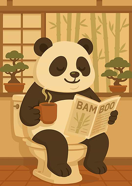 Panda on Toilet Reading Newspaper