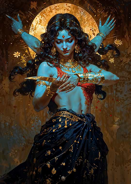 Divine Goddess Kali with Golden Halo and Knife
