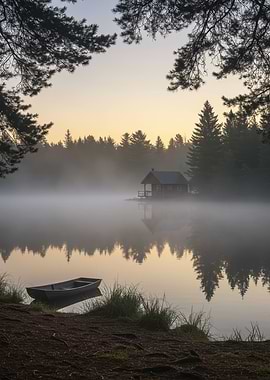Misty Lake Cabin at Sunrise