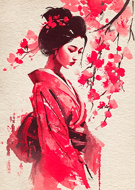 Geisha in Red Kimono with Cherry Blossoms