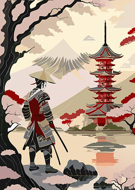 Samurai and Pagoda Landscape Art