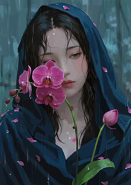 Elegant Figure with Fuchsia Orchid in Midnight Blue Rain