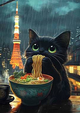 Black Cat Eating Ramen in Tokyo