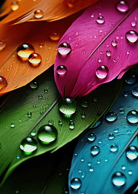Colorful Feathers with Water Droplets