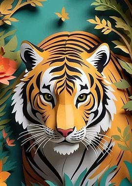 Papercraft Tiger Portrait in Jungle Setting