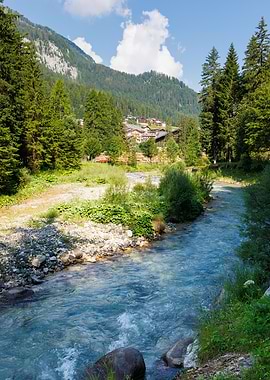 Mountain Stream Avisio and Village Landscape