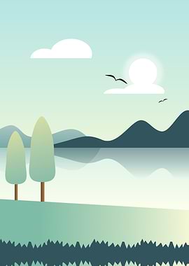 Minimalist Landscape with Lake and Mountains