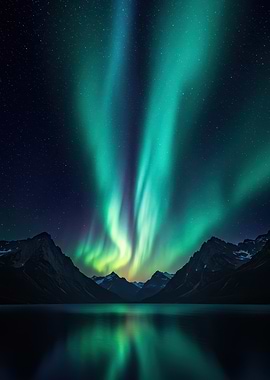 Aurora Borealis over Mountain Lake