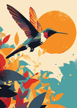 Hummingbird Floral Background Minimliast Art Illustration