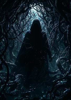 Dark hooded figure in eerie forest