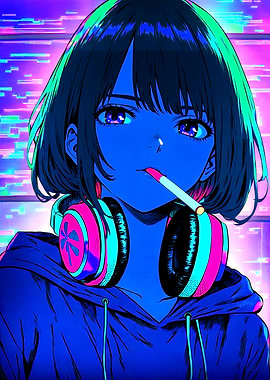 Anime Girl with Headphones and Cigarette