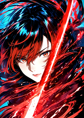 Crimson Anime Girl with Red Sword