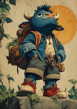 Anthropomorphic Blue Bull Hiker Illustration