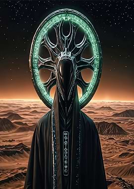 Alien figure with glowing wheel halo