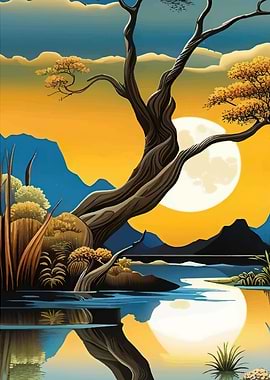Serene Landscape with Tree and Moon