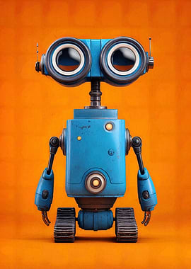 Cute Blue Robot on Orange Background