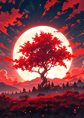 Red Tree Under a Pale Moon