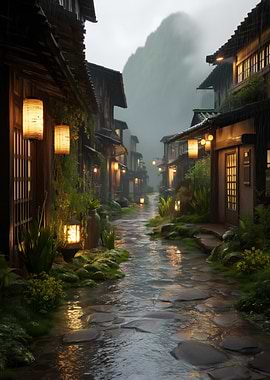 Rainy Japanese Street with Lanterns