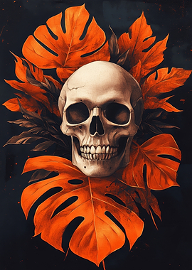 Skull with Orange Leaves | Skull in Monstera Leaves