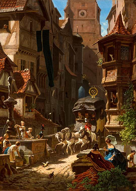 European Town Square Carriage Scene Painting