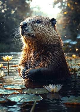 Beaver in Water Lily Pond