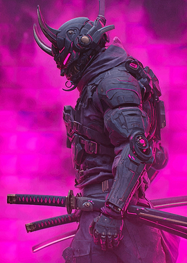 Cyberpunk Samurai Warrior in Pink Haze