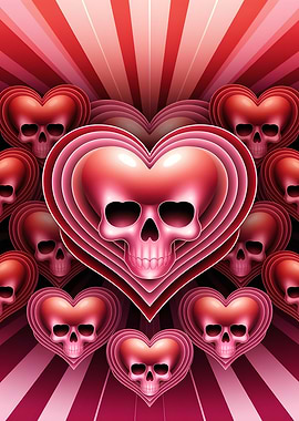 Heart Skulls with Red Rays