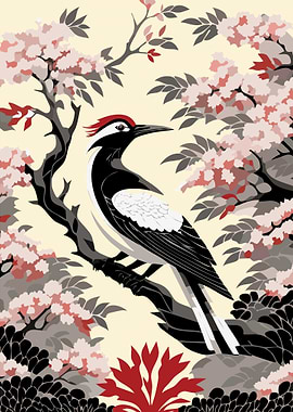 Woodpecker in Cherry Blossom Tree Art