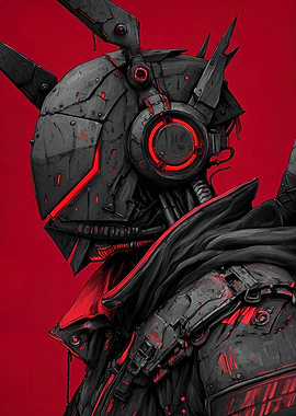 Cyberpunk Robot Warrior with Red Accents