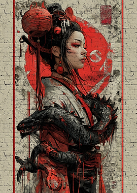 Geisha with Dragon and Red Accents