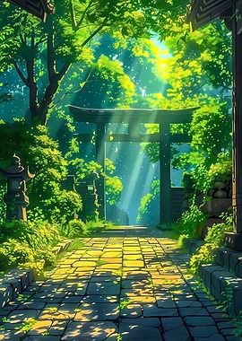 Japanese Garden Path with Torii Gate