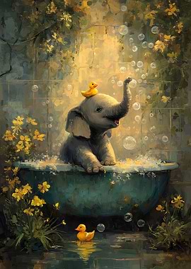 Elephant with Rubber Duckies in Bathtub