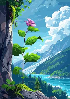 Mountain Lake Flower Landscape