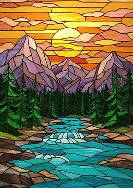 Stained Glass Mountain Landscape