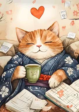 Relaxing Cat with Tea and Book