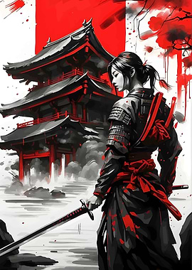 Samurai Woman with Temple Background
