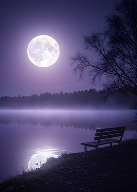 Moonlit Lake with Bench