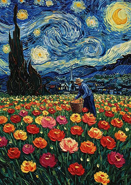 Starry Night Flower Field Painting