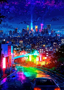 Night Cityscape with Neon Reflections