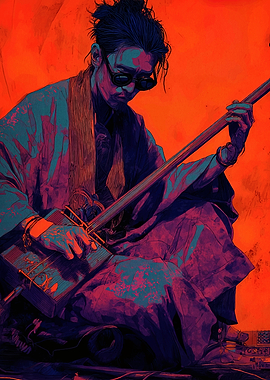 Japanese Musician Playing Shamisen Art