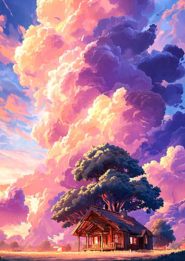 Cabin under a sky of clouds