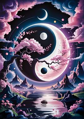 Yin Yang Landscape with Cherry Blossoms