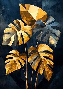 Golden Monstera Leaves on Dark Blue | Art Deco Geometric Monstera Print