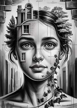 Surreal Portrait: Woman, Building, and Nature
