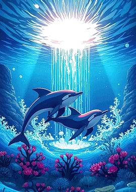 Dolphins Ocean Sunlight