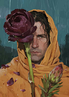 Ochre Mantle Figure Adorned by King Protea in Misty Rain