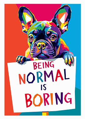 Colorful Dog with 'Boring' Sign