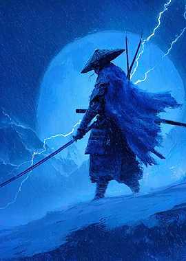 Blue Samurai in Stormy Landscape