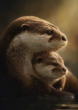 Otter Mother and Pup Portrait