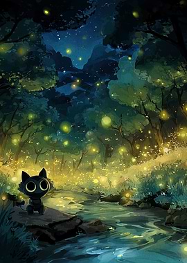 Cat in Firefly Forest Illustration